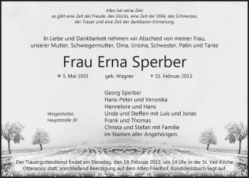 Traueranzeige von Erna Sperber von Pegnitz-Zeitung